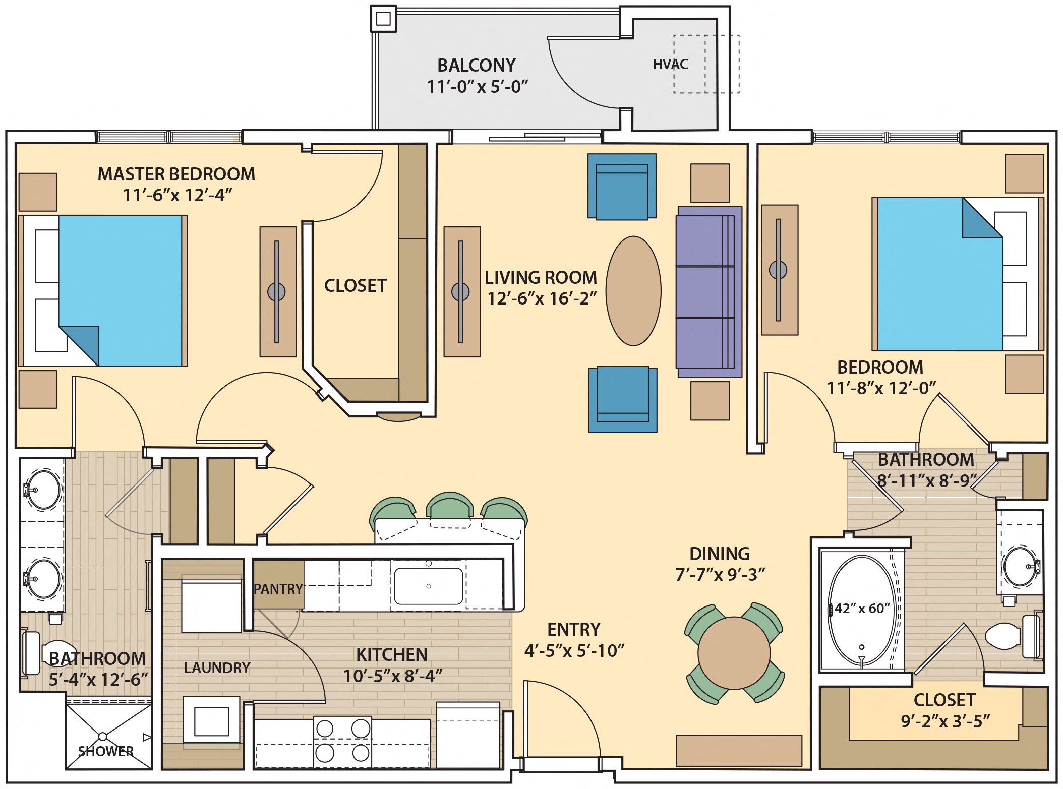 Floor plan for 2 beds, 2 baths, 1179 sqft